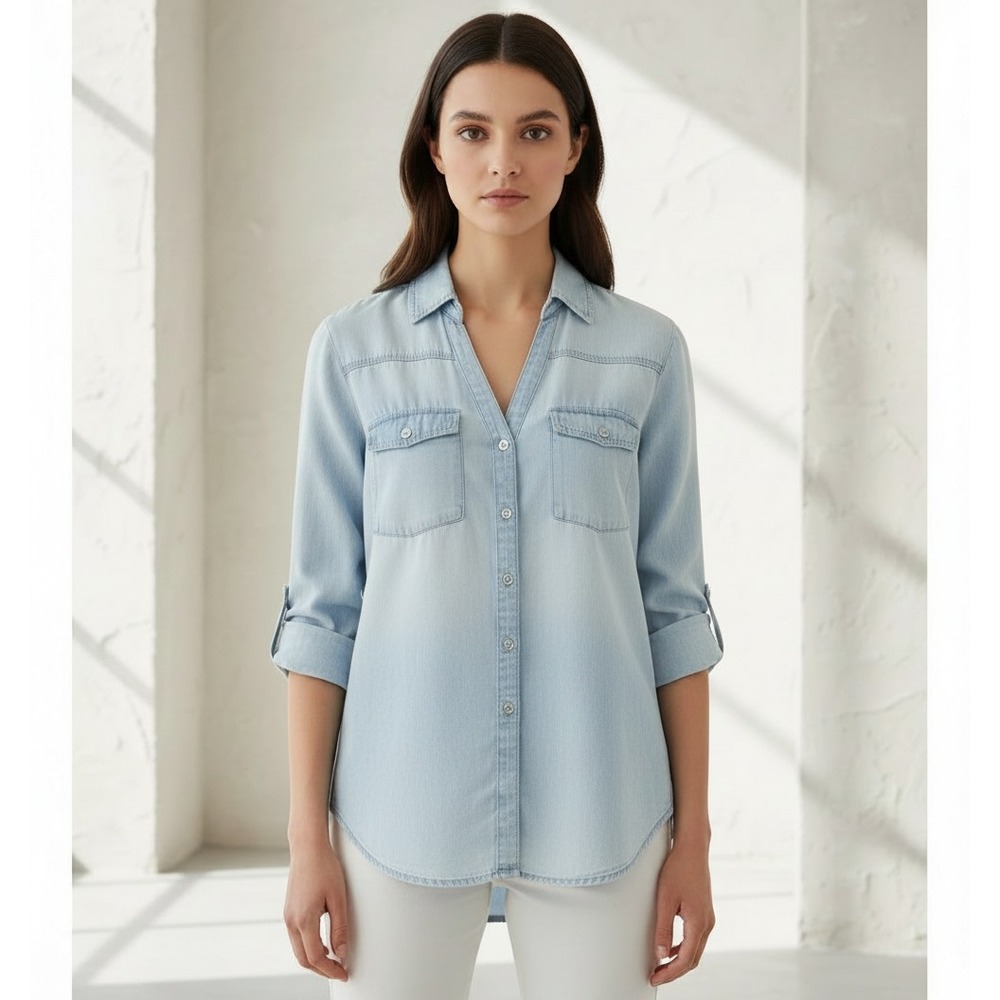 New York Co M Top Blue Chambray Button V Neck Coastal‎ Casual Western Cottage